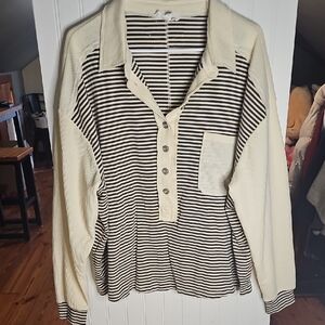 Sewn + Seen Striped Cream & Black Long Sleeve Polo Sweatshirt